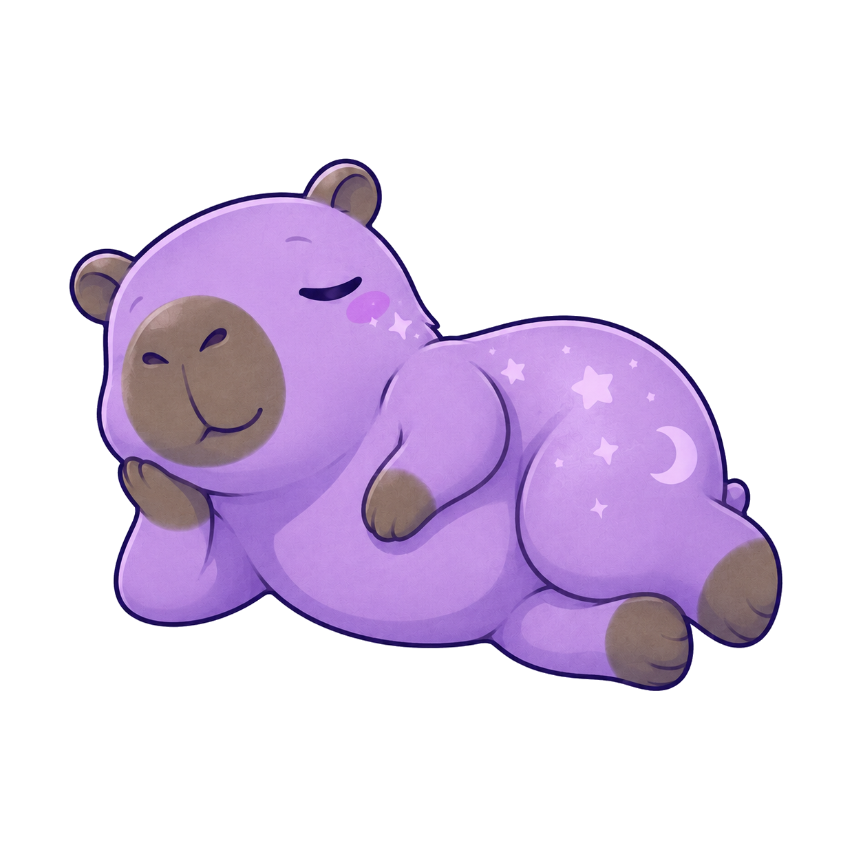 Lavender Sky capybara character resting with moon and stars