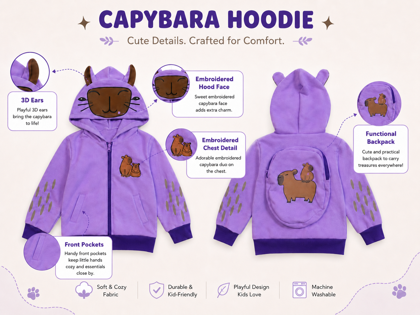 Lavender Sky capybara hoodie front and back with details including 3D ears, embroidered hood face, chest detail, and functional backpack