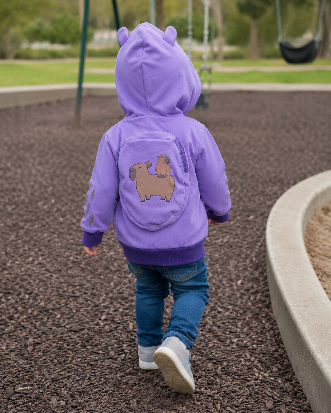 Back view of the Lavender Sky hoodie showing the backpack
