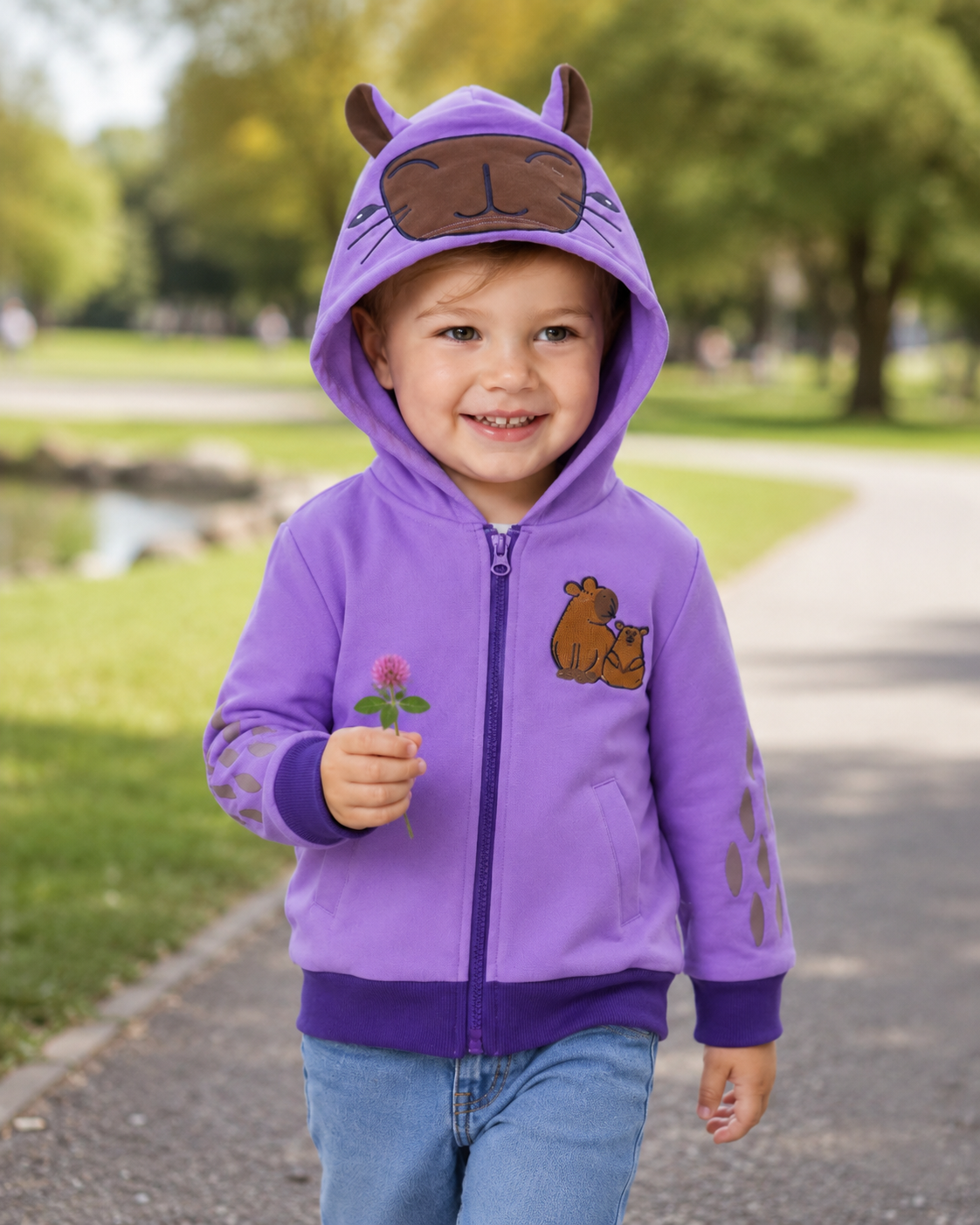 Child wearing the Lavender Sky hoodie and holding a flower